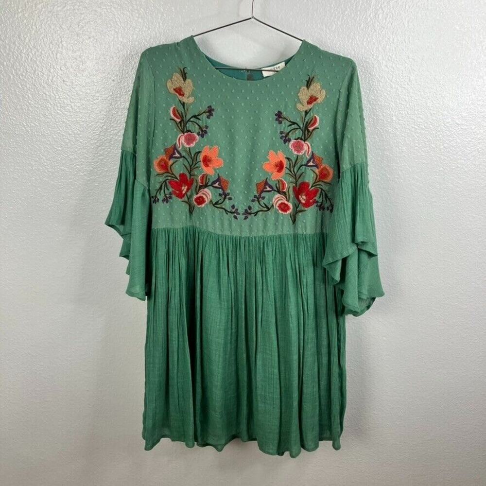 Umgee Boho Bliss Dress Size M Sage Green Embroidered Peasant Western Cottagecore